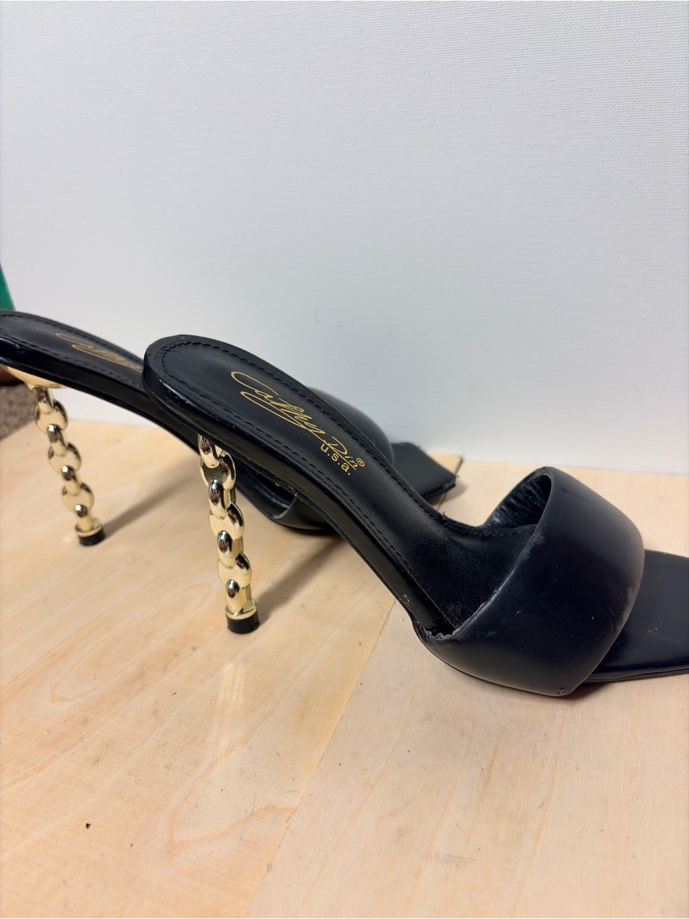 Black Slide Heels with Sculpted Gold Beaded Heel